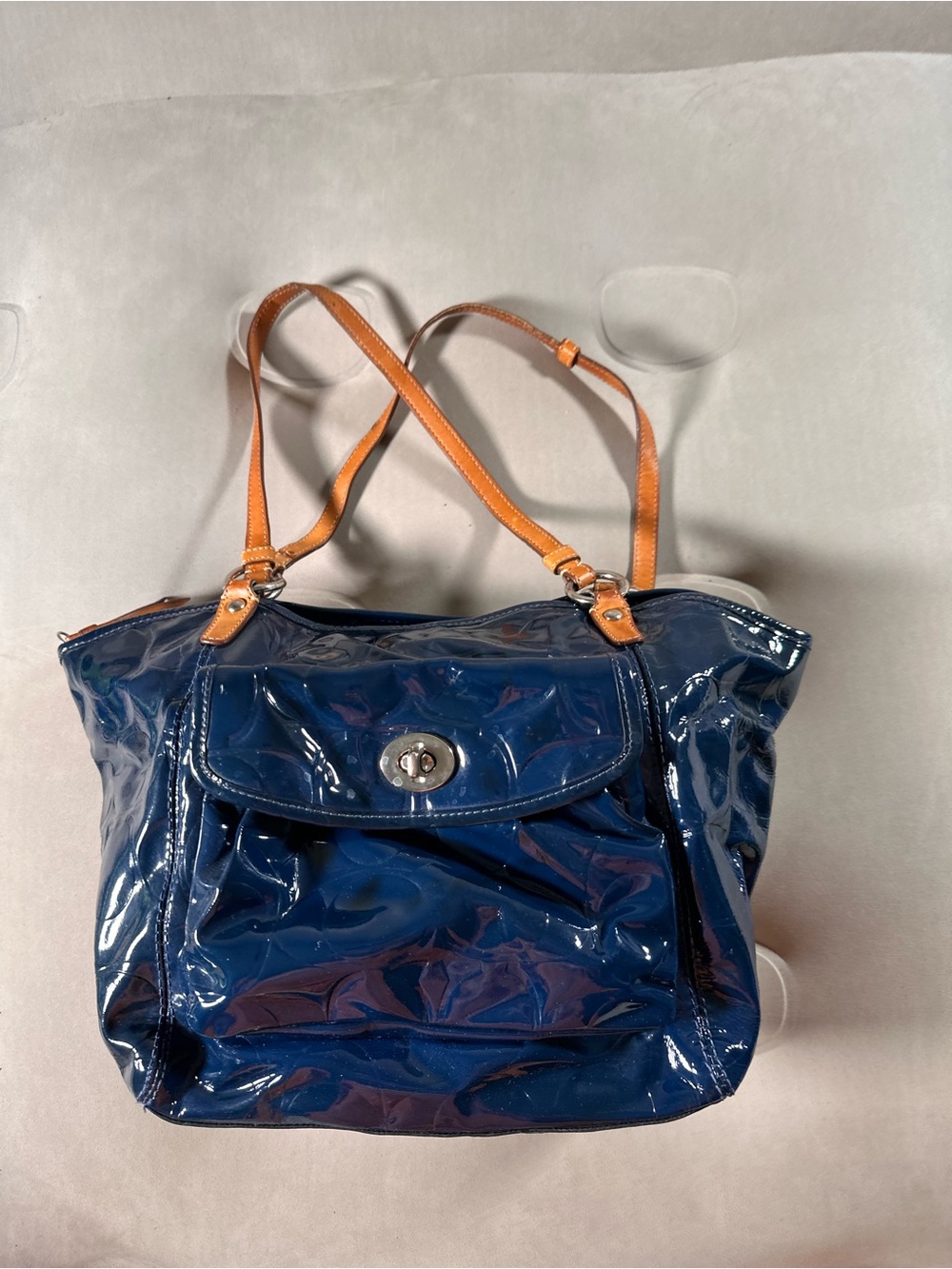 COACH Navy Blue Patent Leather  Large Tote Shoulder Bag F14663 Vintage Y2K 2000s
